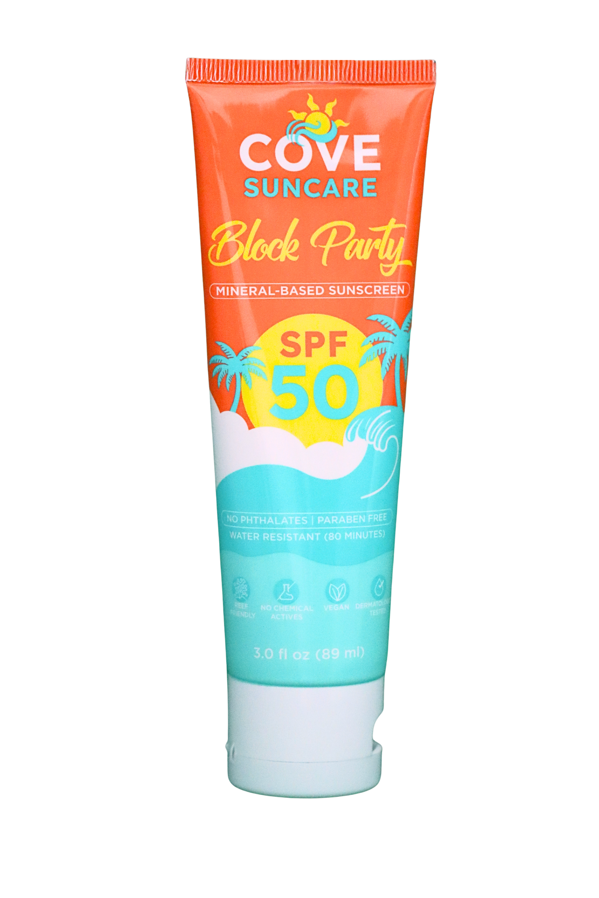 Cove Suncare Block Party SPF 50 sunscreen with palm trees and waves.