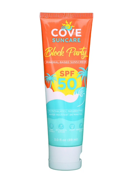 Cove Suncare Block Party SPF 50 sunscreen with palm trees and waves.