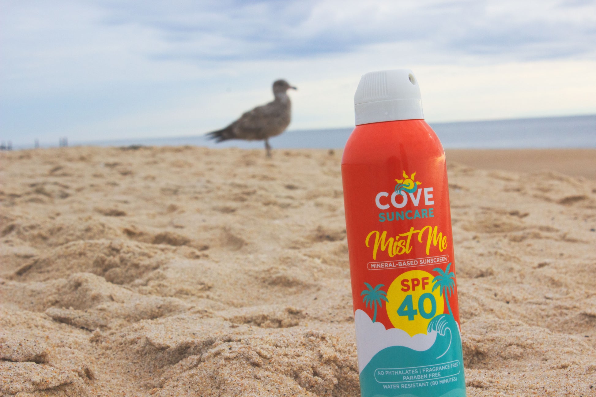 Cove sunscreen on a sandy beach with an overcast sky and ocean.